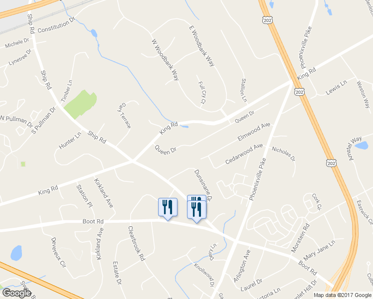 map of restaurants, bars, coffee shops, grocery stores, and more near 820 Queen Drive in West Chester