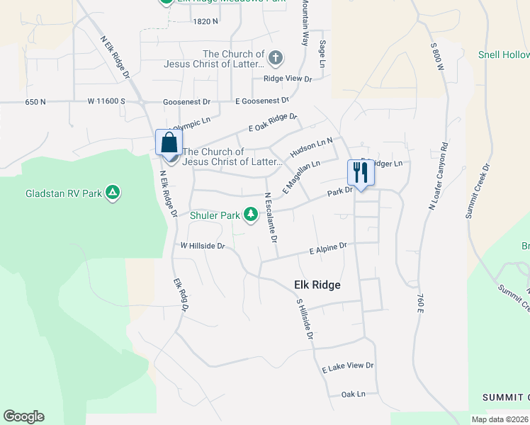 map of restaurants, bars, coffee shops, grocery stores, and more near 88 Park Drive in Elk Ridge