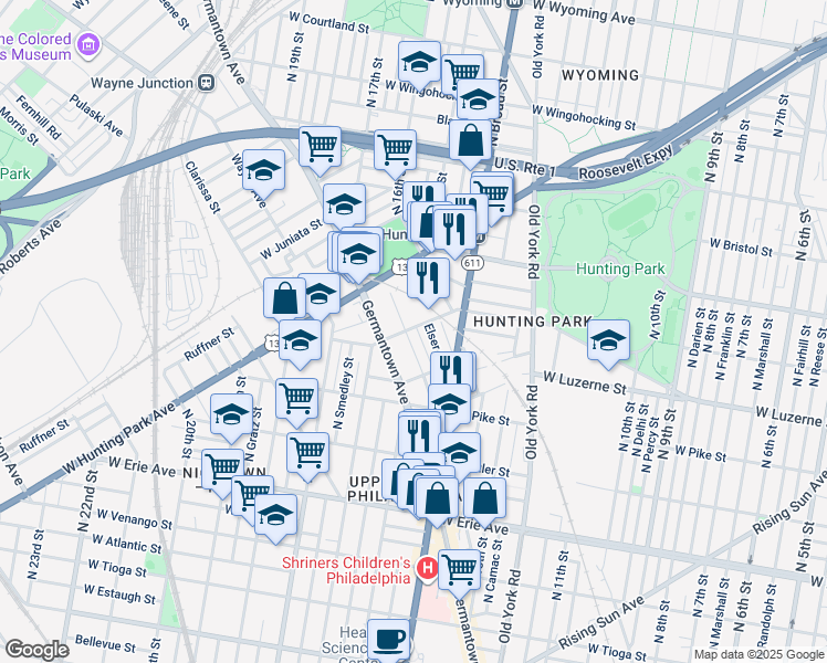 map of restaurants, bars, coffee shops, grocery stores, and more near 1444 West Lycoming Street in Philadelphia