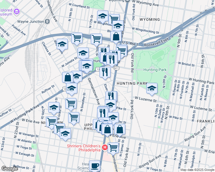 map of restaurants, bars, coffee shops, grocery stores, and more near 3967 Elser Street in Philadelphia