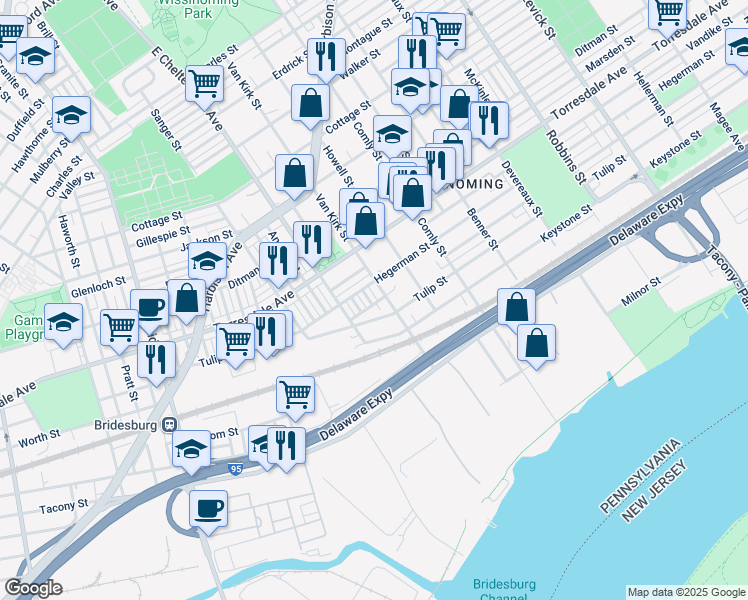 map of restaurants, bars, coffee shops, grocery stores, and more near 5710 Tulip Street in Philadelphia