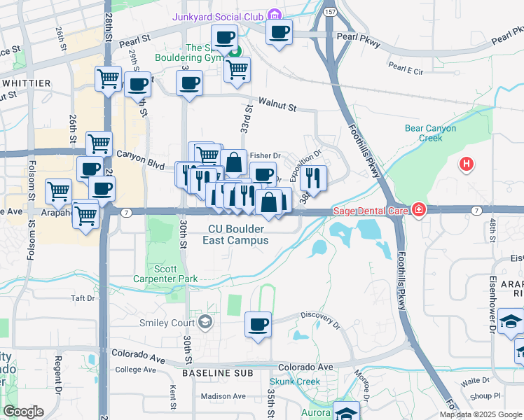 map of restaurants, bars, coffee shops, grocery stores, and more near 3381 Marine Street in Boulder