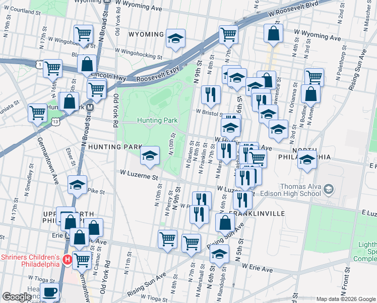 map of restaurants, bars, coffee shops, grocery stores, and more near 4052 North Darien Street in Philadelphia
