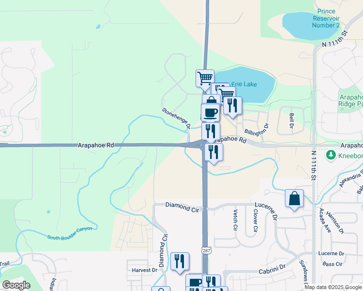 map of restaurants, bars, coffee shops, grocery stores, and more near 10488-10622 Arapahoe Rd in Lafayette