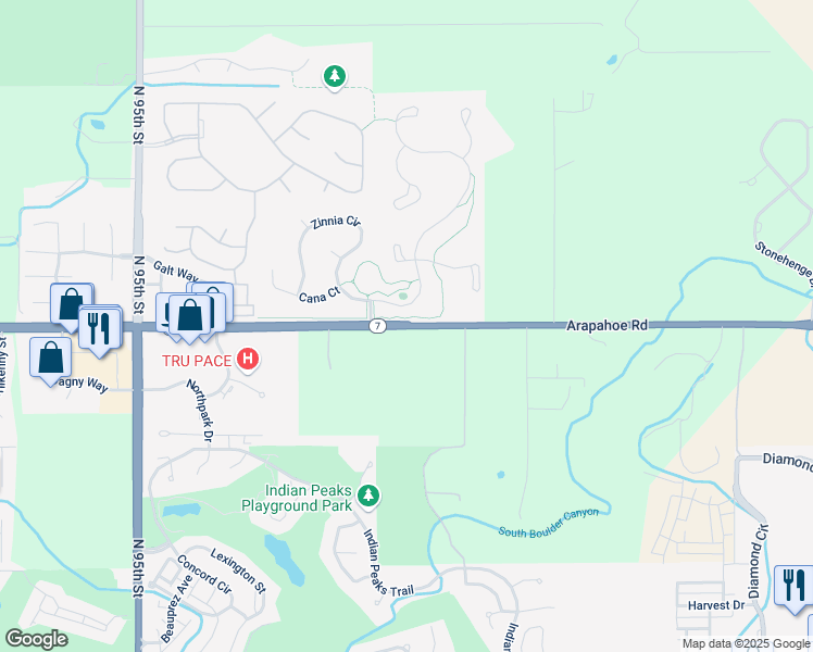 map of restaurants, bars, coffee shops, grocery stores, and more near 9960 Arapahoe Road in Lafayette