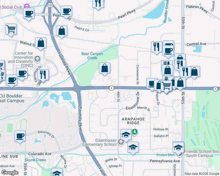 map of restaurants, bars, coffee shops, grocery stores, and more near 4660 Arapahoe Avenue in Boulder
