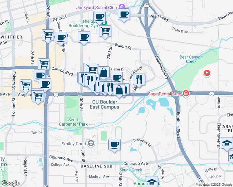 map of restaurants, bars, coffee shops, grocery stores, and more near 3381 Marine Street in Boulder