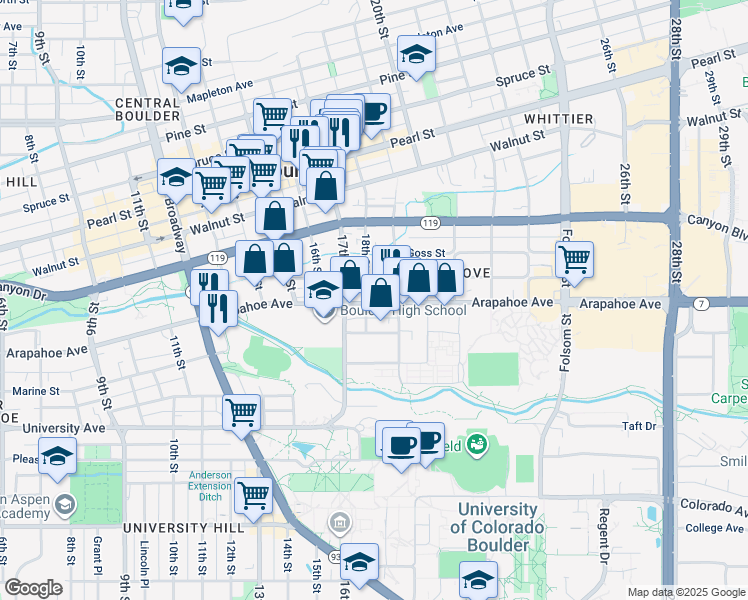 map of restaurants, bars, coffee shops, grocery stores, and more near in Boulder