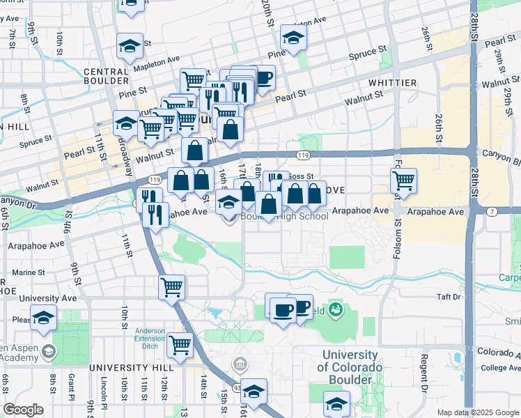 map of restaurants, bars, coffee shops, grocery stores, and more near in Boulder