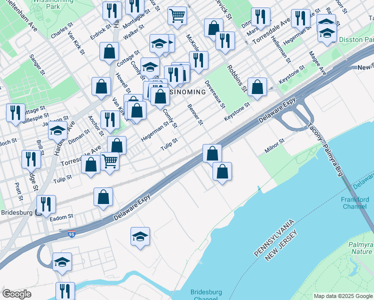 map of restaurants, bars, coffee shops, grocery stores, and more near 5929 Keystone Street in Philadelphia