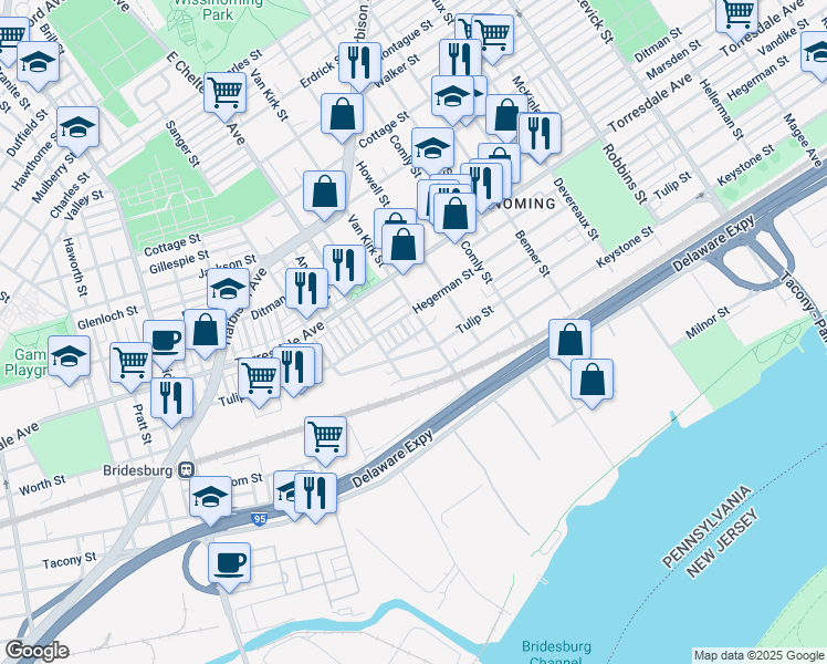 map of restaurants, bars, coffee shops, grocery stores, and more near 5710 Tulip Street in Philadelphia