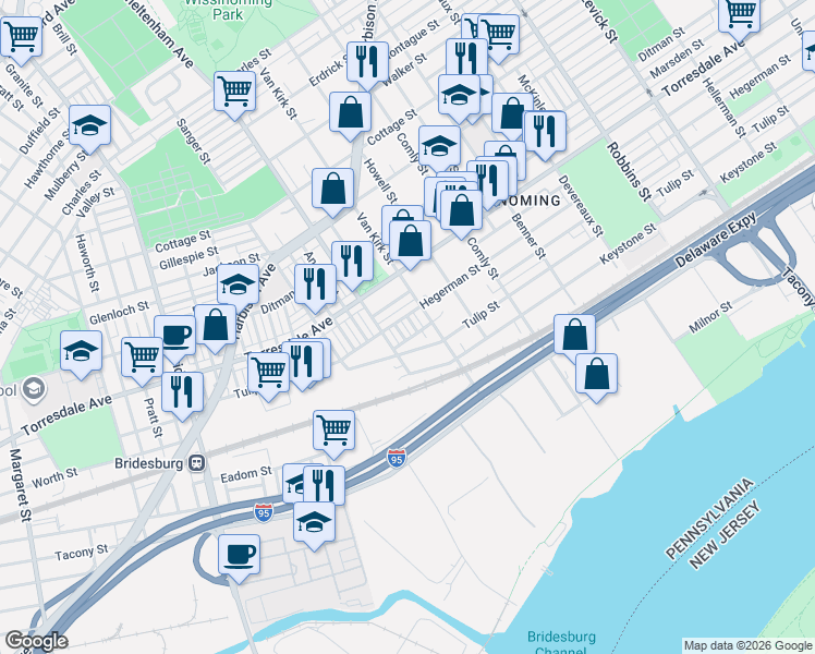 map of restaurants, bars, coffee shops, grocery stores, and more near 5710 Tulip Street in Philadelphia