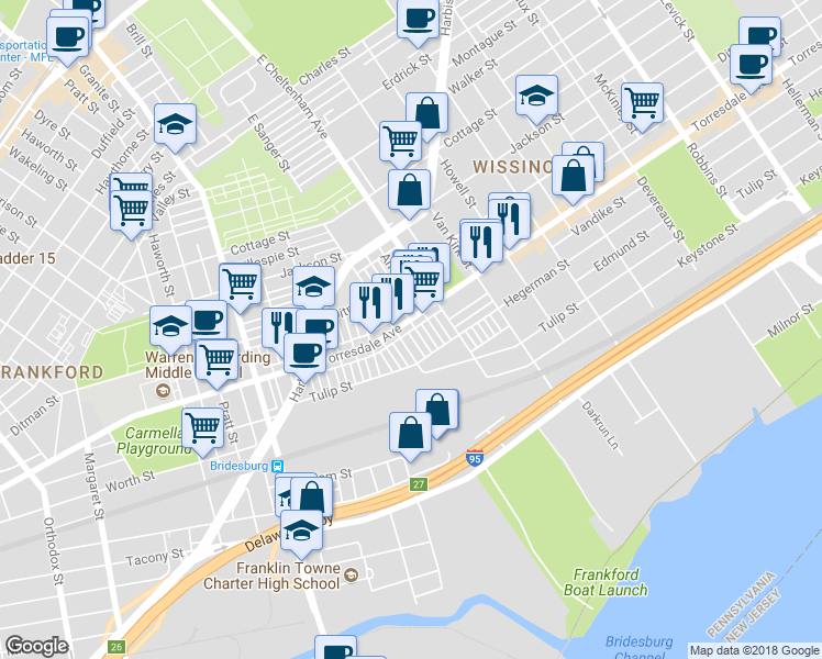map of restaurants, bars, coffee shops, grocery stores, and more near 2132 Sanger Street in Philadelphia