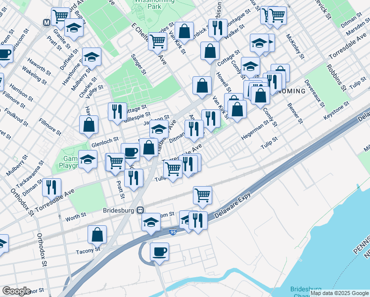 map of restaurants, bars, coffee shops, grocery stores, and more near 5419 Torresdale Avenue in Philadelphia