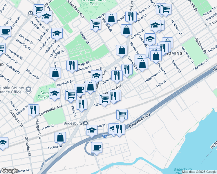 map of restaurants, bars, coffee shops, grocery stores, and more near 5419 Torresdale Avenue in Philadelphia