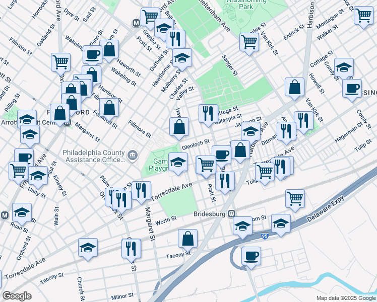 map of restaurants, bars, coffee shops, grocery stores, and more near 5004 Ditman Street in Philadelphia