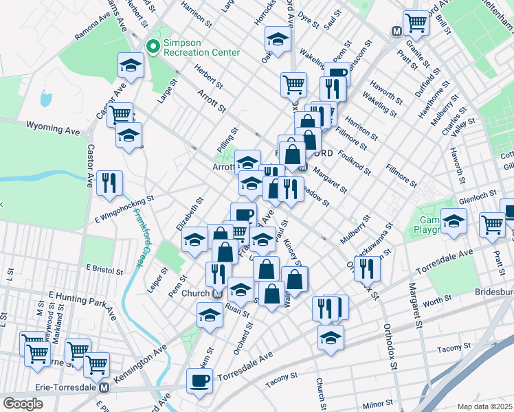 map of restaurants, bars, coffee shops, grocery stores, and more near 4521 Griscom Street in Philadelphia