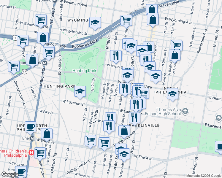 map of restaurants, bars, coffee shops, grocery stores, and more near 709 West Lycoming Street in Philadelphia