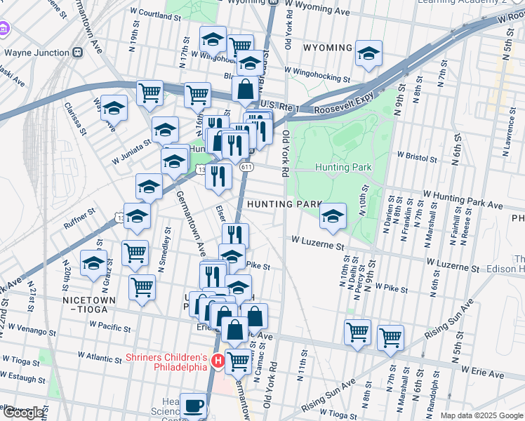 map of restaurants, bars, coffee shops, grocery stores, and more near 4000 North 13th Street in Philadelphia