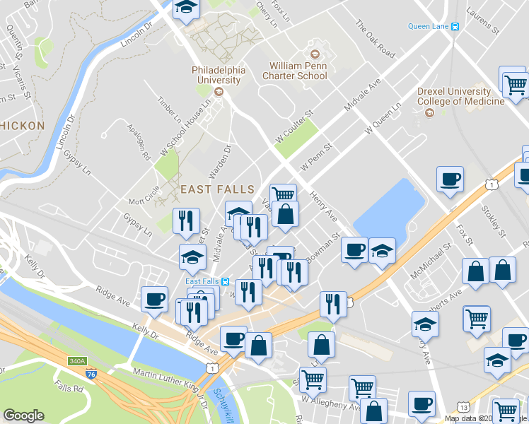 map of restaurants, bars, coffee shops, grocery stores, and more near 3417 Tilden Street in Philadelphia