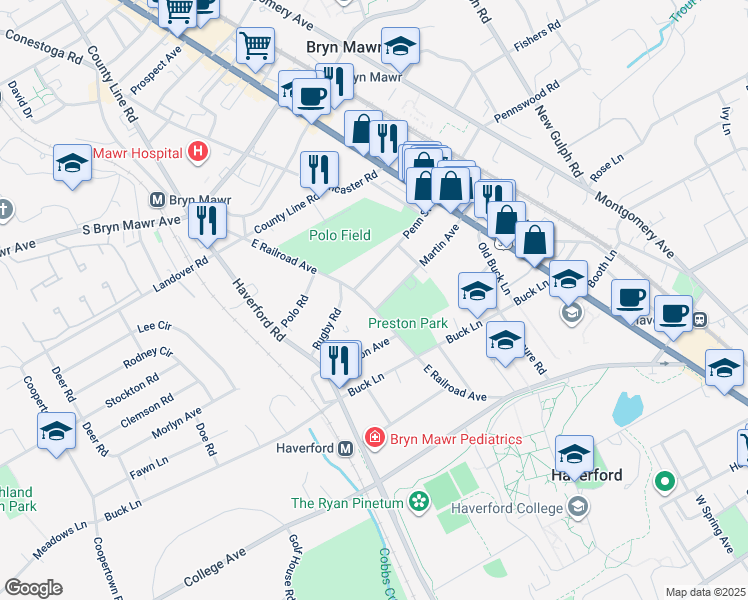 map of restaurants, bars, coffee shops, grocery stores, and more near 732 East Railroad Avenue in Bryn Mawr