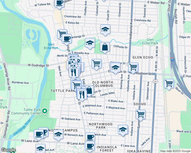 map of restaurants, bars, coffee shops, grocery stores, and more near 98 East Tompkins Street in Columbus