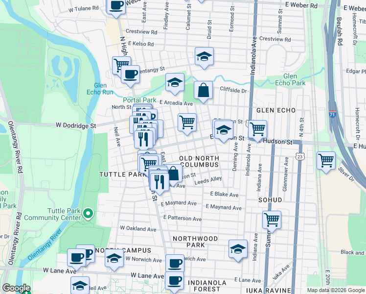 map of restaurants, bars, coffee shops, grocery stores, and more near 98 East Tompkins Street in Columbus