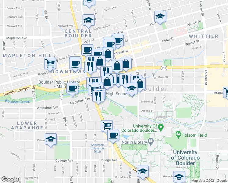 map of restaurants, bars, coffee shops, grocery stores, and more near 1403 Arapahoe Avenue in Boulder