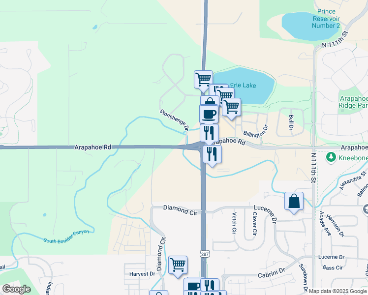 map of restaurants, bars, coffee shops, grocery stores, and more near 10622 Arapahoe Road in Lafayette