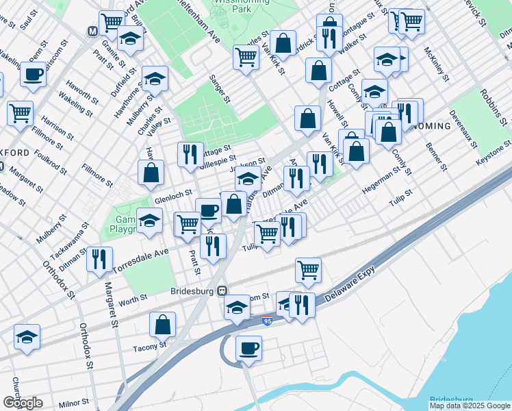 map of restaurants, bars, coffee shops, grocery stores, and more near 2064 Larue Street in Philadelphia