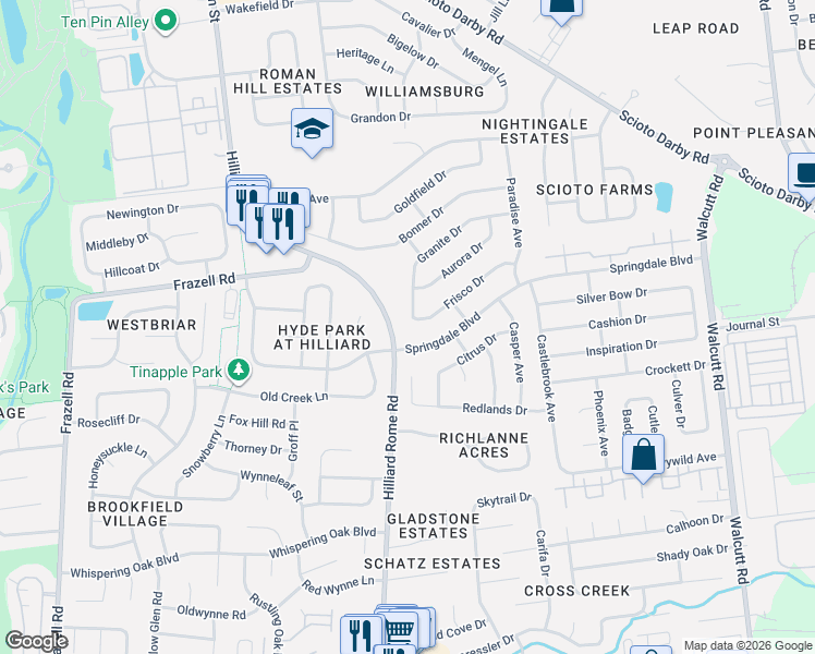 map of restaurants, bars, coffee shops, grocery stores, and more near 5309 Springdale Boulevard in Hilliard