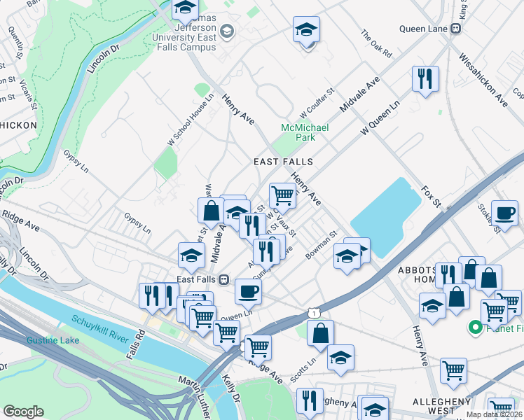 map of restaurants, bars, coffee shops, grocery stores, and more near 3417 Tilden Street in Philadelphia