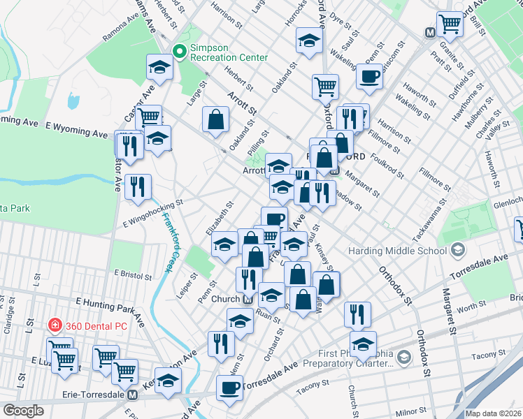 map of restaurants, bars, coffee shops, grocery stores, and more near 4433 Penn Street in Philadelphia