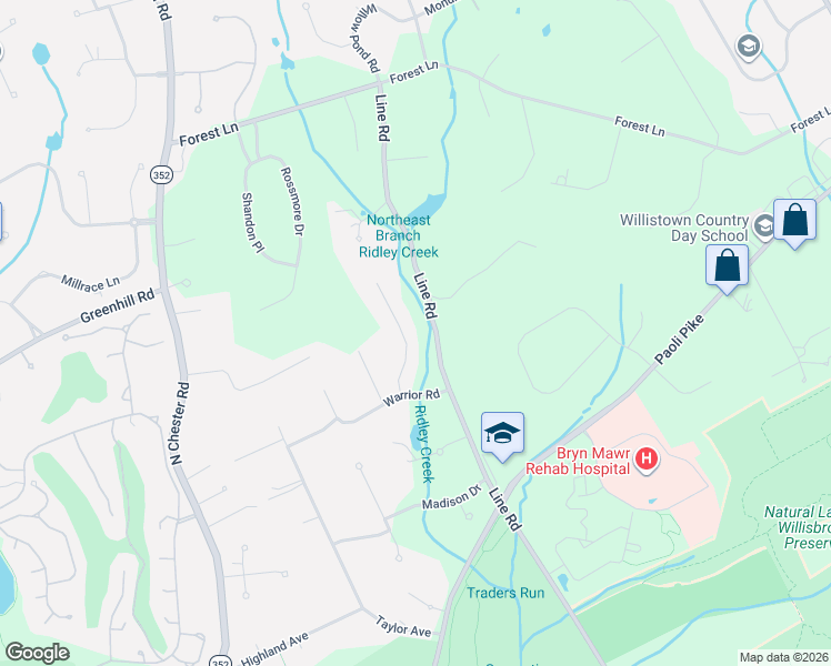 map of restaurants, bars, coffee shops, grocery stores, and more near 215 Oneida Lane in Malvern