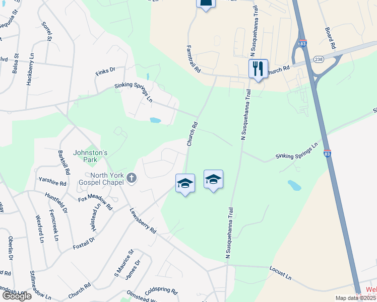 map of restaurants, bars, coffee shops, grocery stores, and more near 570 Church Road in York