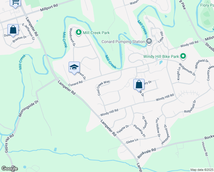 map of restaurants, bars, coffee shops, grocery stores, and more near 28 Creekside Drive in Lancaster