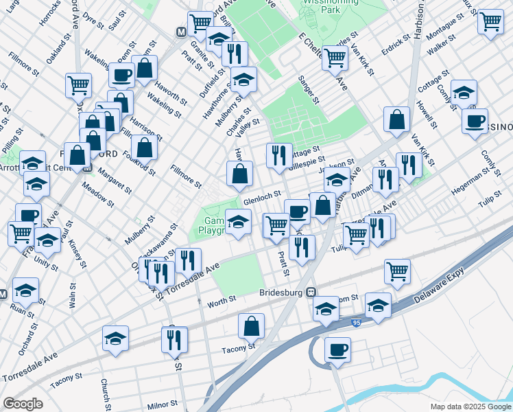 map of restaurants, bars, coffee shops, grocery stores, and more near 1947 Haworth Street in Philadelphia