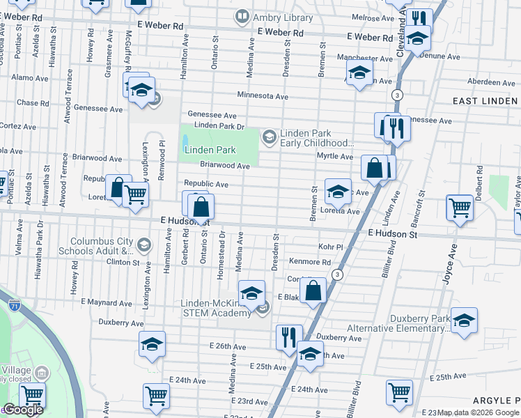 map of restaurants, bars, coffee shops, grocery stores, and more near 1375 Loretta Avenue in Columbus