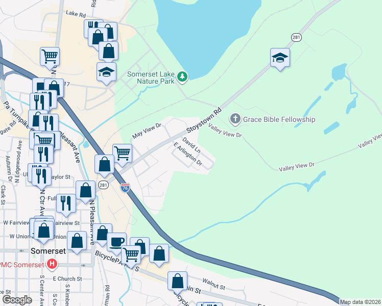 map of restaurants, bars, coffee shops, grocery stores, and more near 111 Willow Lane in Somerset