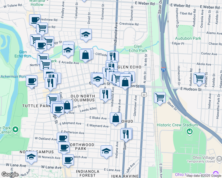 map of restaurants, bars, coffee shops, grocery stores, and more near 2519 Indianola Avenue in Columbus