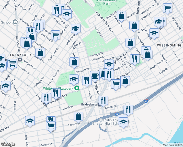 map of restaurants, bars, coffee shops, grocery stores, and more near 2038 Bridge Street in Philadelphia