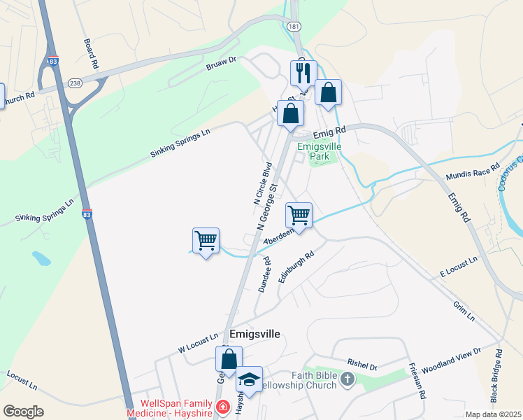 map of restaurants, bars, coffee shops, grocery stores, and more near 3152 North George Street in Emigsville