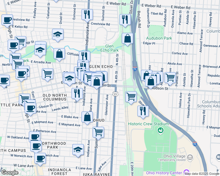 map of restaurants, bars, coffee shops, grocery stores, and more near 469 East Hudson Street in Columbus