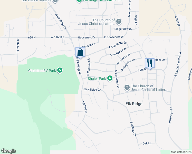 map of restaurants, bars, coffee shops, grocery stores, and more near 93 Park Drive in Elk Ridge