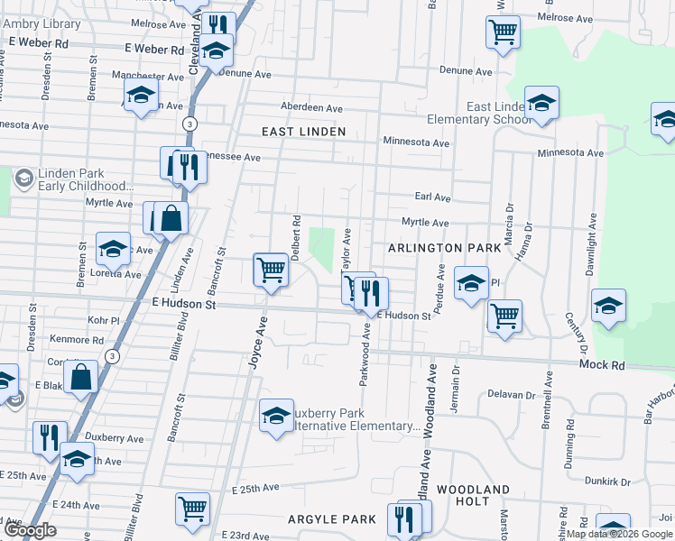 map of restaurants, bars, coffee shops, grocery stores, and more near 2326 Taylor Avenue in Columbus