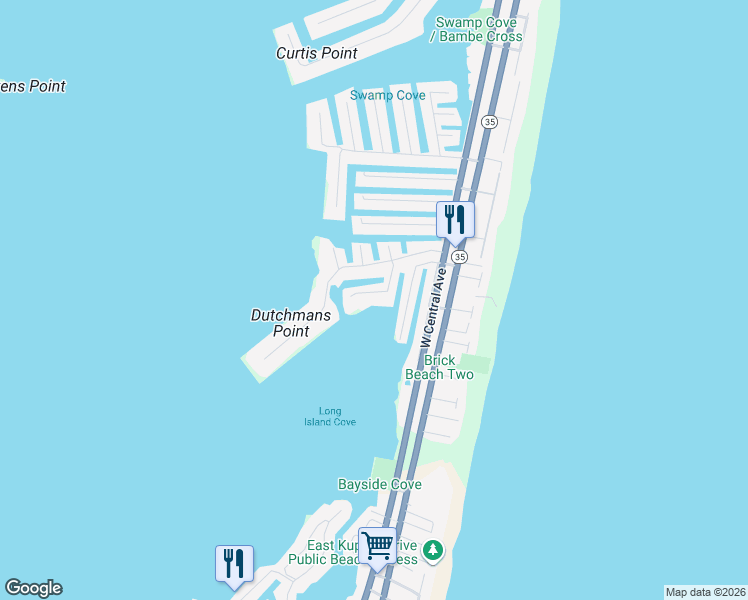 map of restaurants, bars, coffee shops, grocery stores, and more near 329 Tide Pond Road in Mantoloking