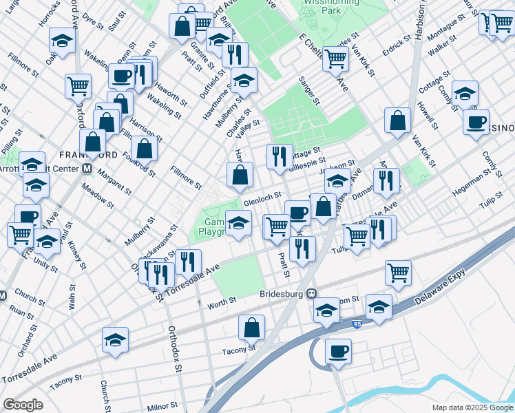 map of restaurants, bars, coffee shops, grocery stores, and more near 1947 Haworth Street in Philadelphia