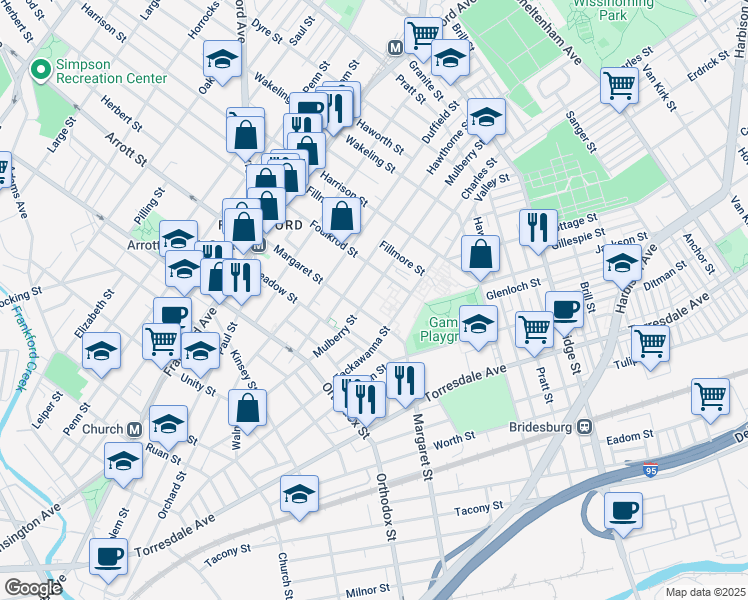 map of restaurants, bars, coffee shops, grocery stores, and more near 4721 Mulberry Street in Philadelphia