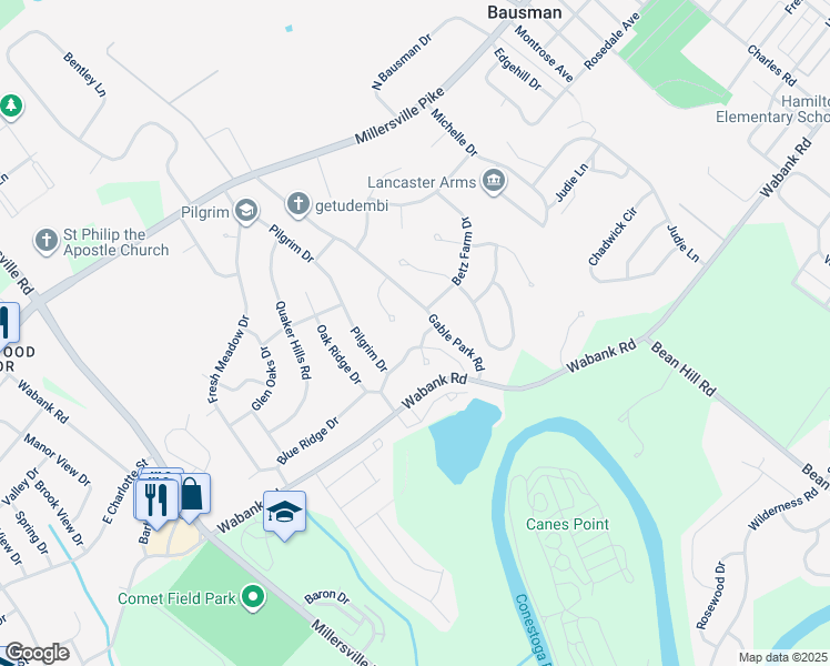 map of restaurants, bars, coffee shops, grocery stores, and more near 30 Cold Stream Drive in Lancaster