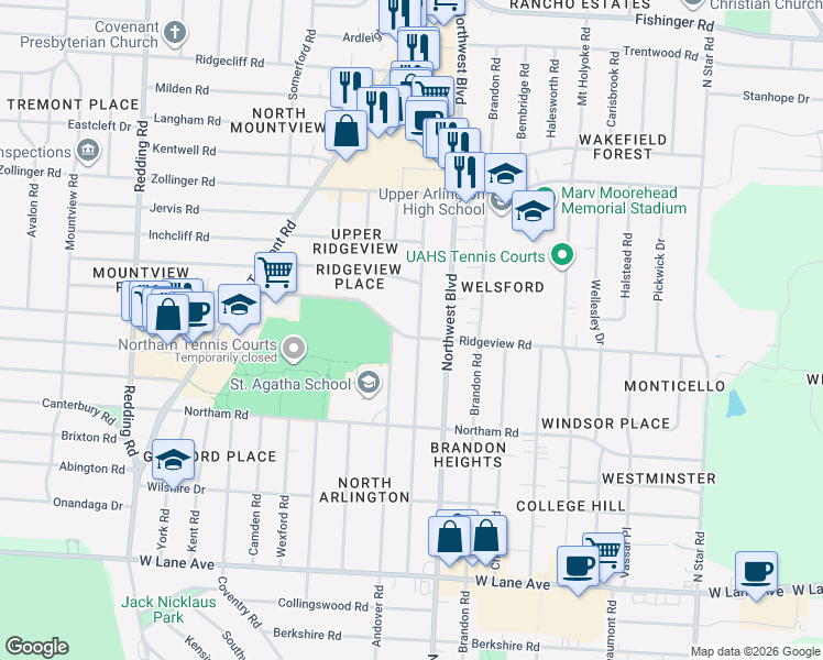 map of restaurants, bars, coffee shops, grocery stores, and more near 2879 Welsford Road in Columbus